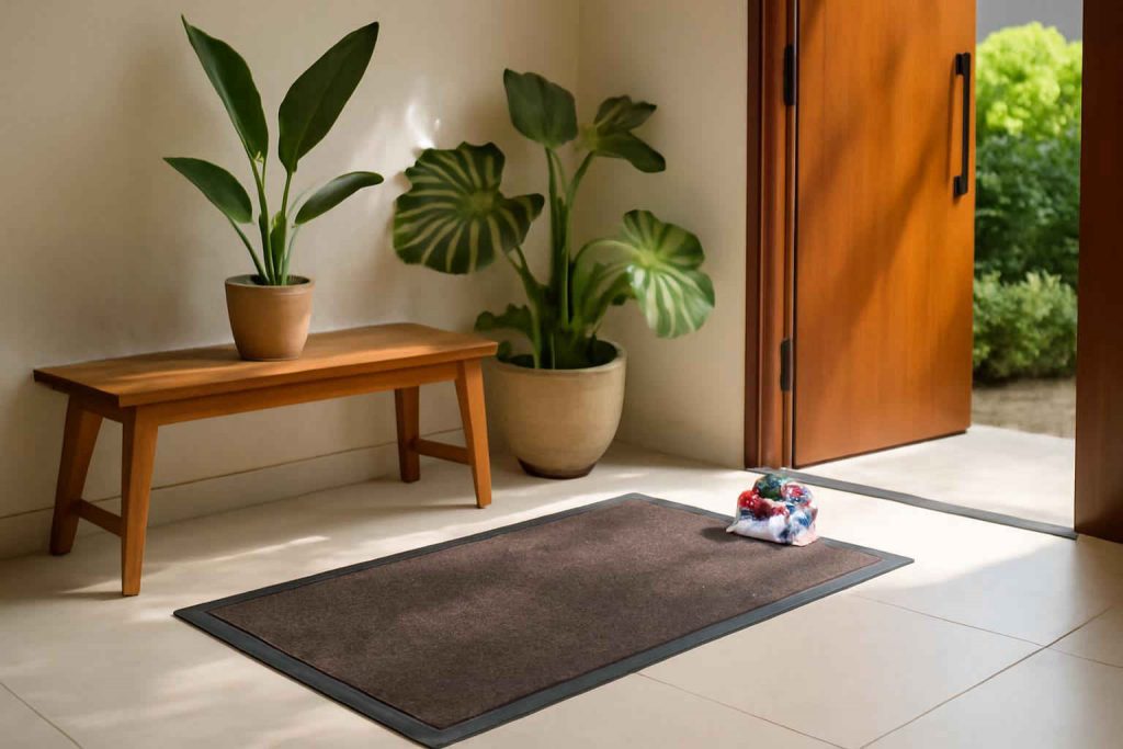 Hall de entrada moderno com tapete lavável antiderrapante, banco de madeira e plantas