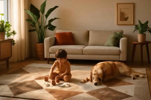 Tapete antirruído moderno em sala de estar com crianças e pets