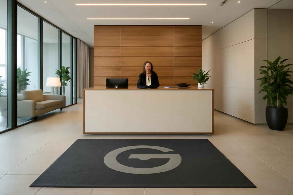 Recepção corporativa moderna com tapete personalizado e logotipo
