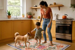 Tapete decorativo lavável na cozinha com design moderno em ambiente com criança e pet
