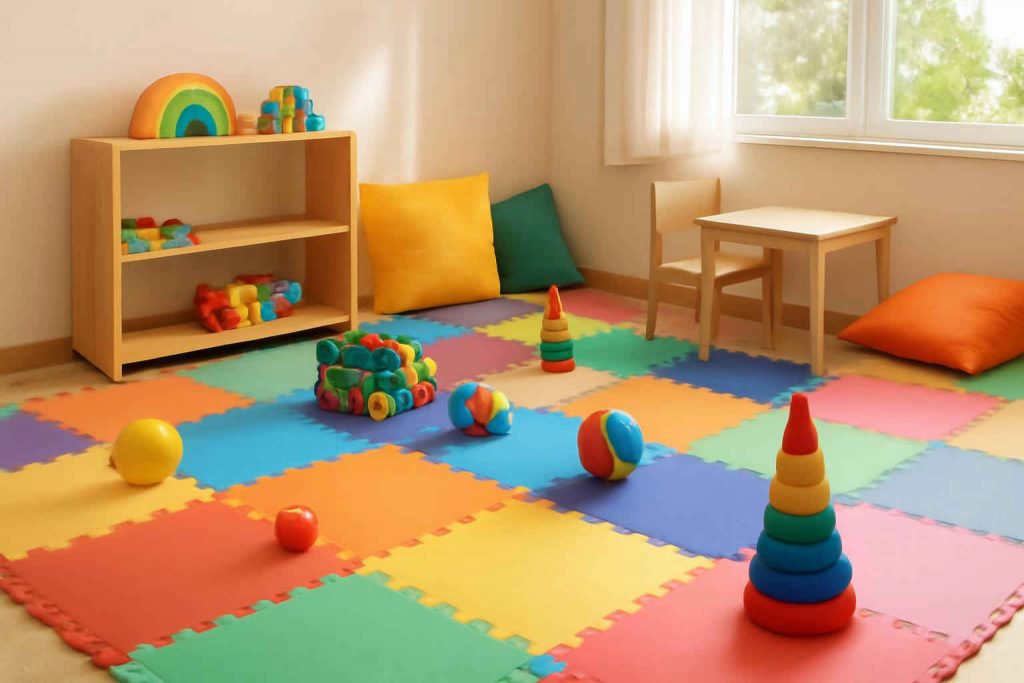 Brinquedoteca com tapetes de EVA coloridos em formato de quebra-cabeça formando área de brincadeira segura