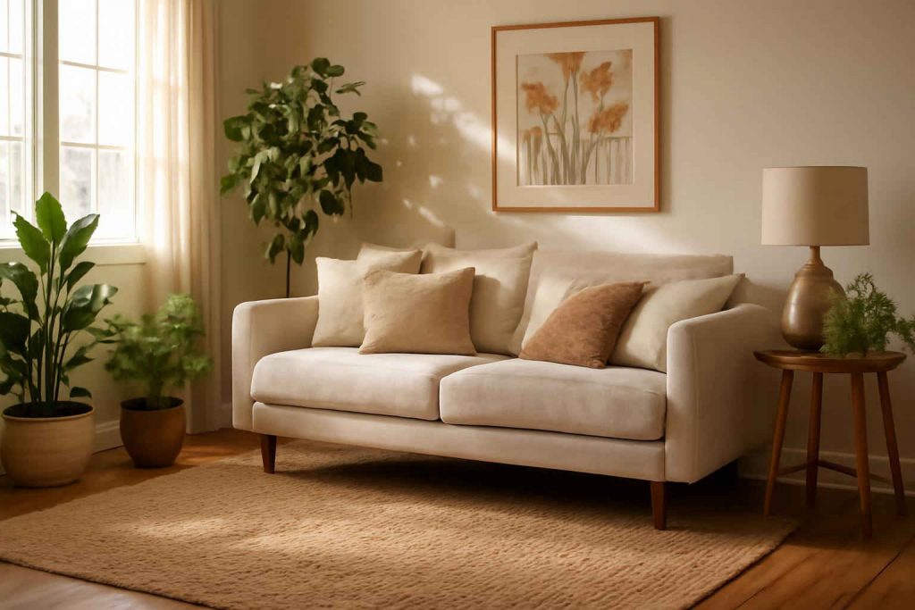 Sala de estar aconchegante com tapete de sisal e juta