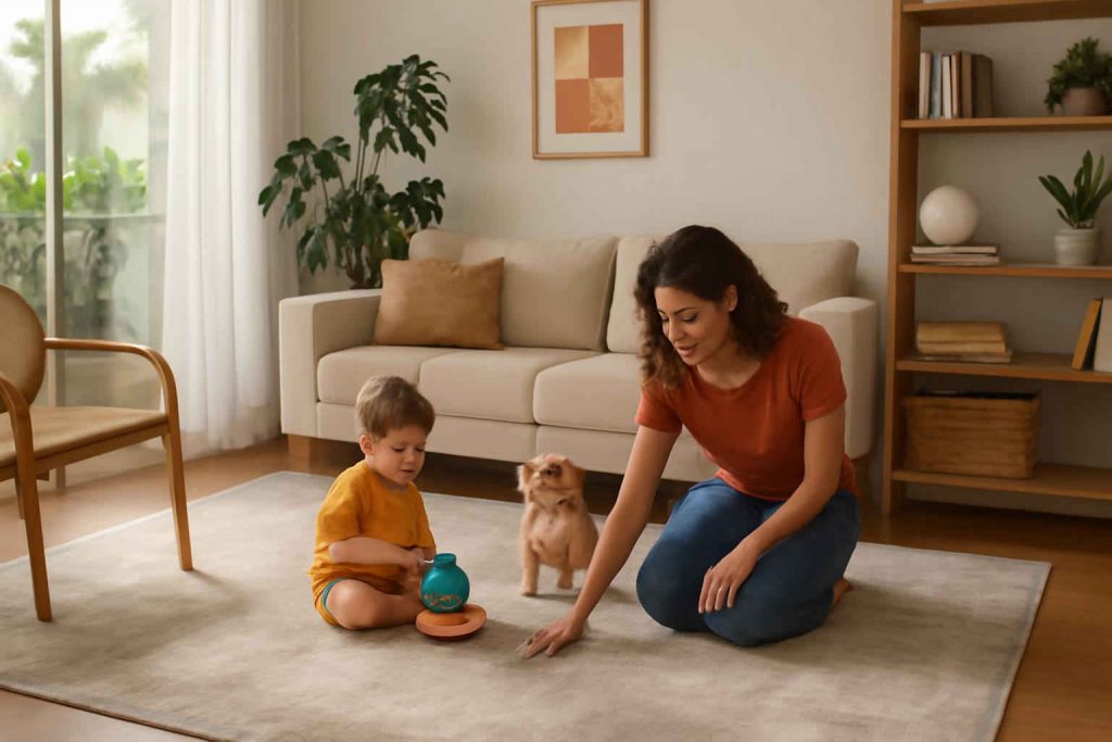 Mulher escolhendo um tapete impermeável em uma sala de estar moderna com crianças e pets