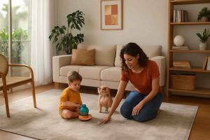Mulher escolhendo um tapete impermeável em uma sala de estar moderna com crianças e pets