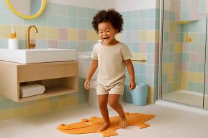Banheiro infantil com tapete antiderrapante em formato divertido