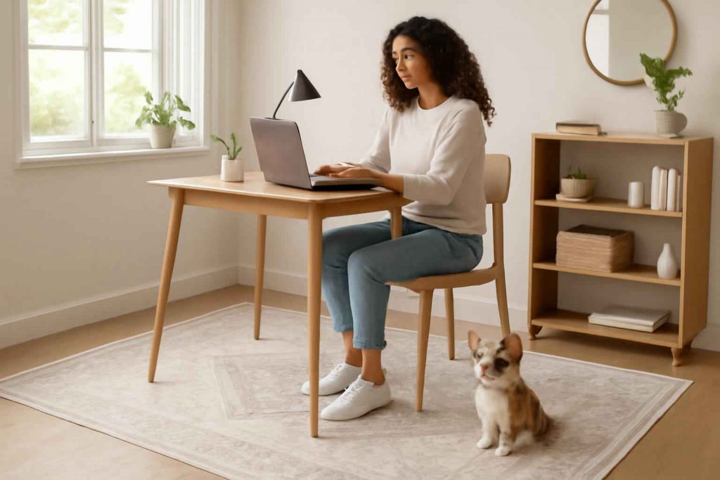 Home office com um tapete lavável e antiderrapante sob a mesa, mulher trabalhando com laptop e cachorro ao lado