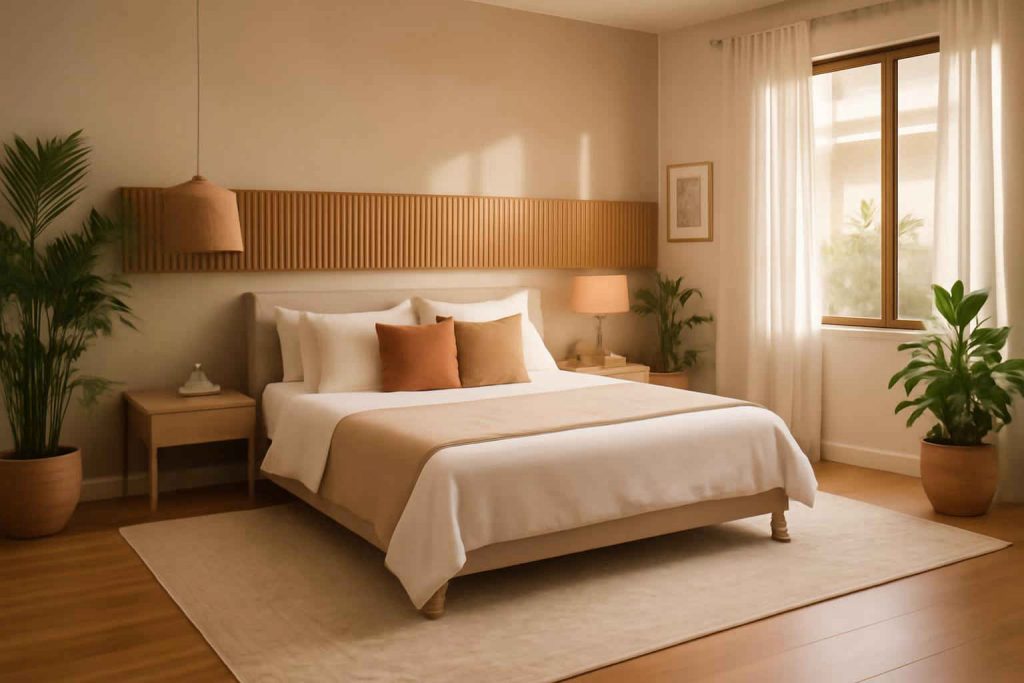 Quarto de casal moderno com tapete lavável e antiderrapante