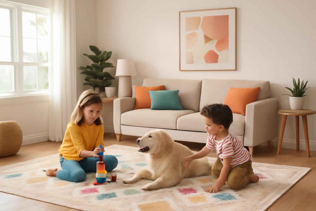 Sala de estar moderna com crianças e um cachorro brincando em um tapete lavável e antiderrapante
