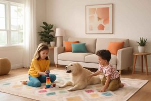 Sala de estar moderna com crianças e um cachorro brincando em um tapete lavável e antiderrapante