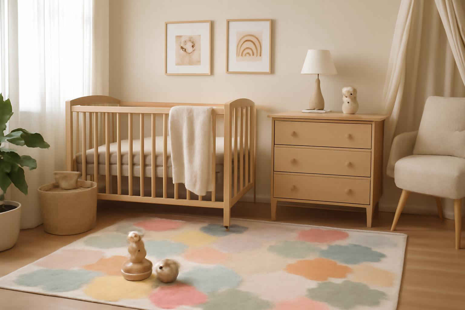 Quarto de bebê com tapete lavável colorido e antialérgico