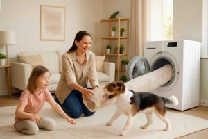 Sala de estar moderna com tapete lavável, criança e cachorro brincando