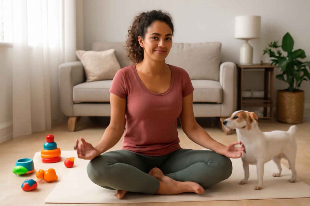 Mulher praticando yoga em tapete funcional na sala de estar com brinquedos infantis e cachorro