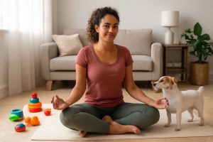 Mulher praticando yoga em tapete funcional na sala de estar com brinquedos infantis e cachorro