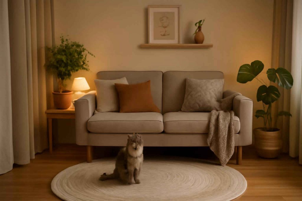 Sala de estar pequena com tapete redondo neutro, sofá moderno e planta decorativa
