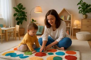 Criança brincando em tapete sensorial infantil colorido e texturizado em um quarto moderno
