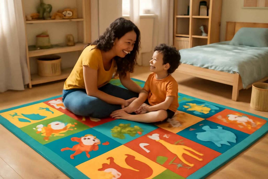 Tapete educativo infantil com letras, números e animais em um quarto de criança
