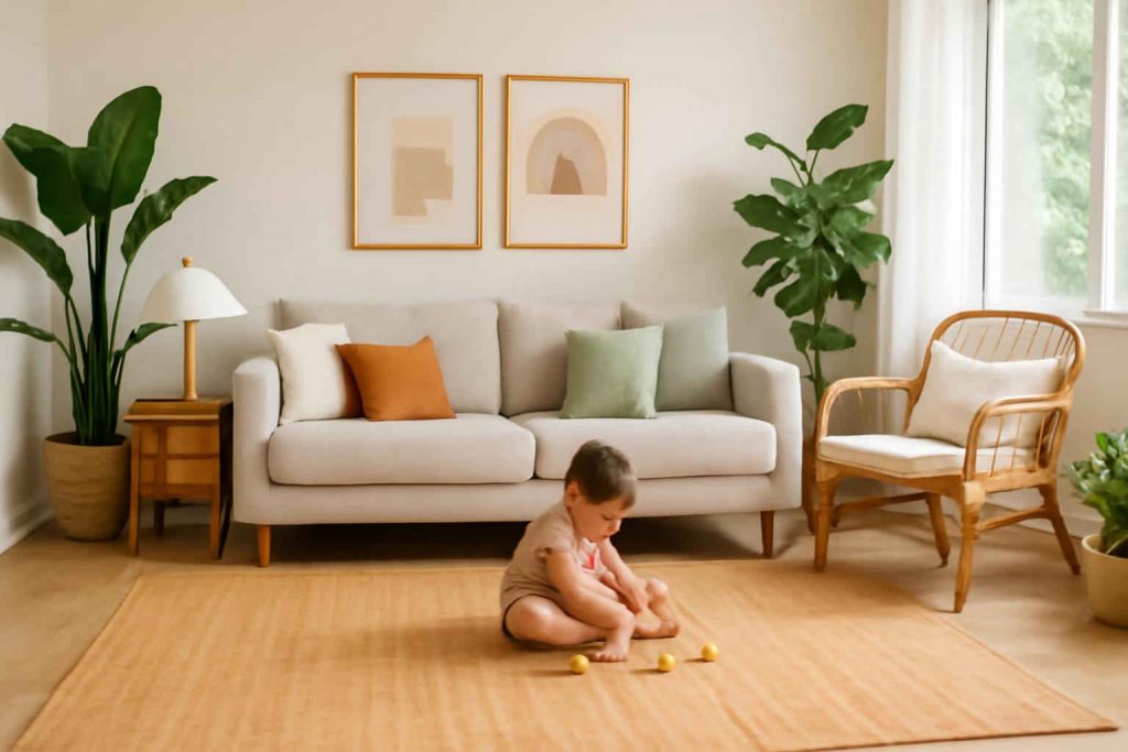 Sala de estar moderna com tapete de bambu natural