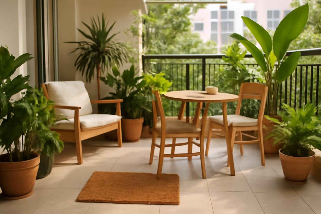 Tapete de fibra de coco em varanda decorada com plantas e móveis claros