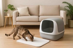 Tapete higiênico para gatos ao lado de caixa de areia em sala de estar limpa