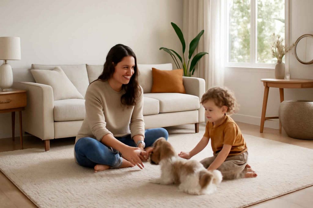 Sala de estar com tapete anti-odor, criança e pet brincando