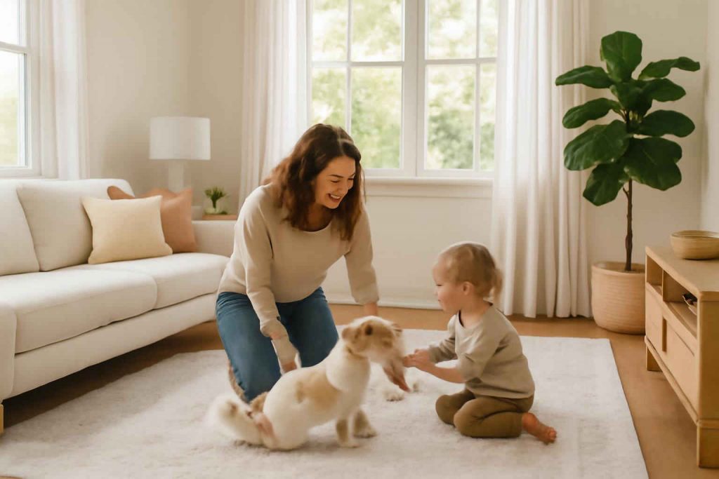 Sala de estar moderna e aconchegante com tapete antialérgico, criança e pet brincando