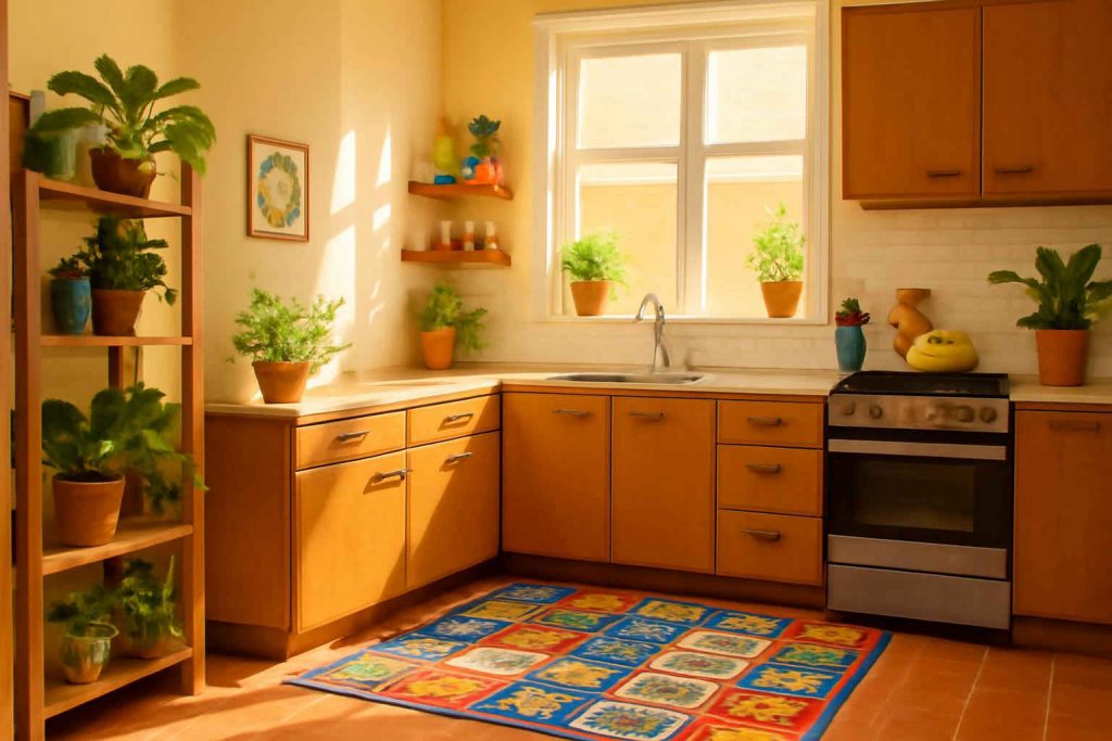 Cozinha moderna com tapete antiderrapante estampado no chão