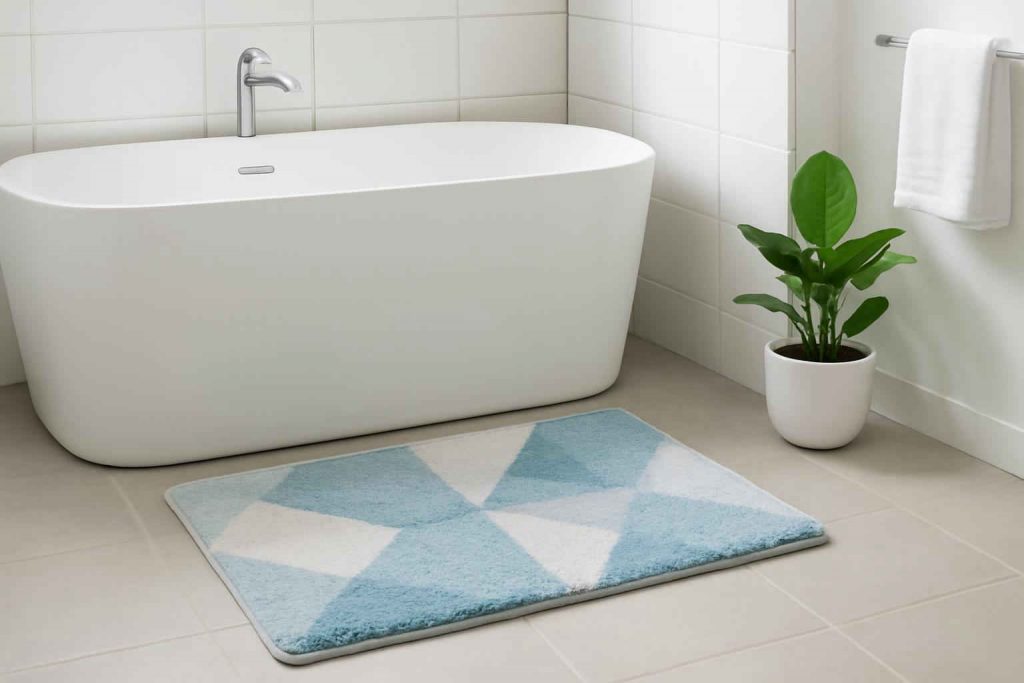 Tapete antimofo para banheiro com design moderno ao lado de banheira branca