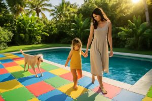 Imagem de deck de piscina externo coberto com tapetes de EVA coloridos e crianças brincando com segurança