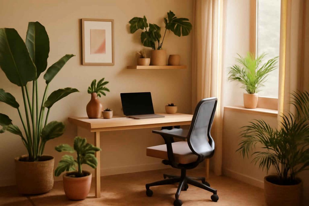 Home office decorado com tapete de sisal natural sob mesa de madeira e cadeira moderna