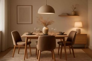 Sala de jantar moderna com tapete de veludo sob a mesa de jantar
