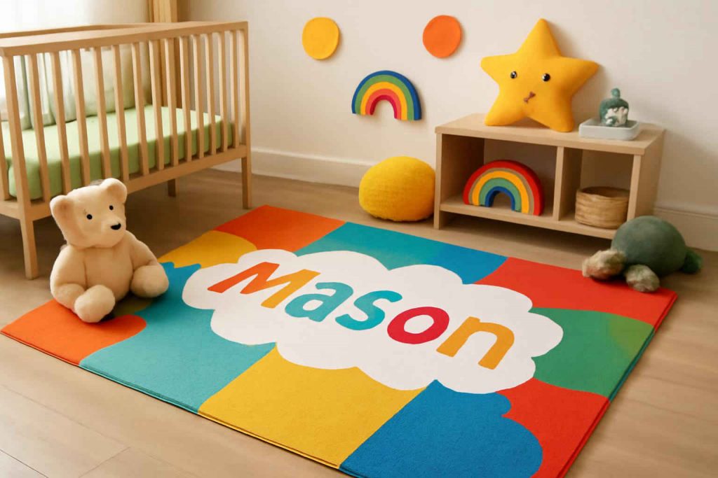 Tapete infantil personalizado colorido com nome em quarto moderno de criança
