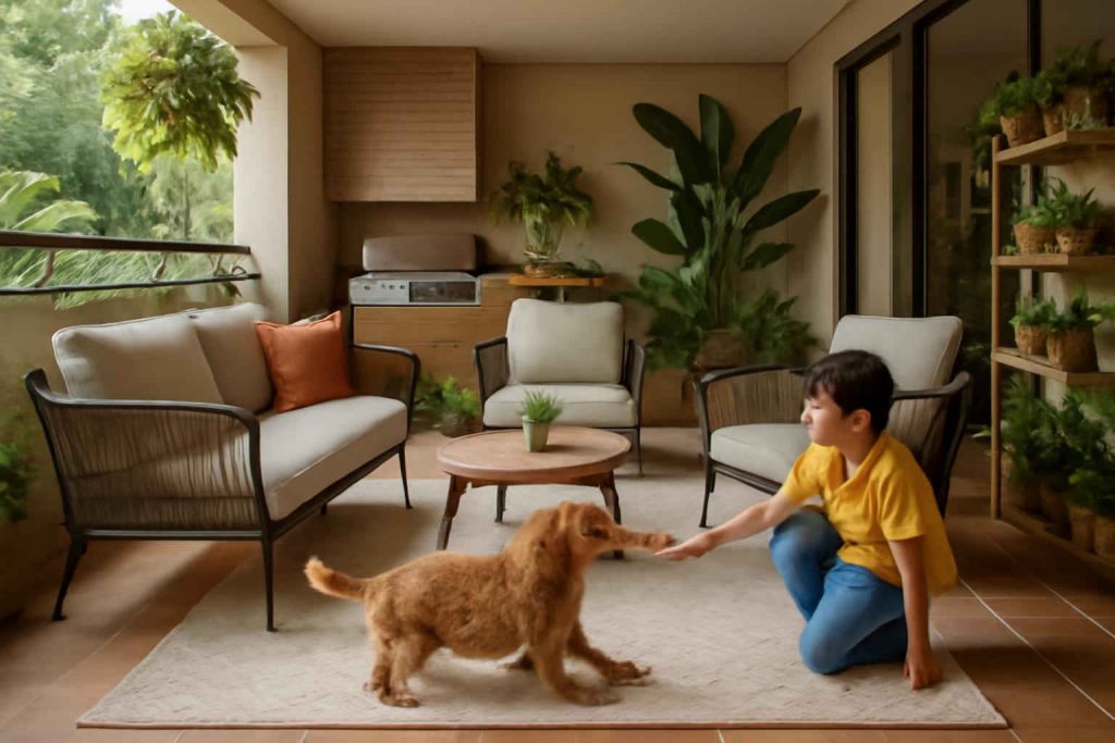 Varanda gourmet com tapete lavável colorido, mobiliário moderno e decoração aconchegante