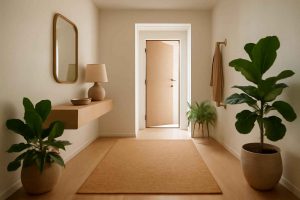 Hall de entrada com tapete de cortiça e decoração sustentável