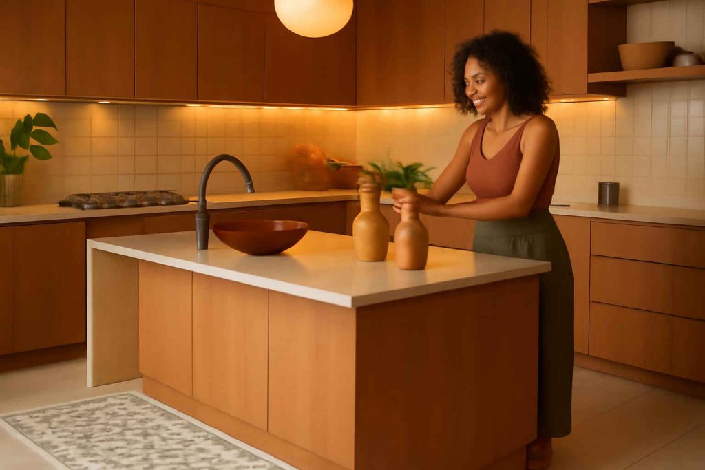 Cozinha moderna com ilha e tapete lavável antiderrapante