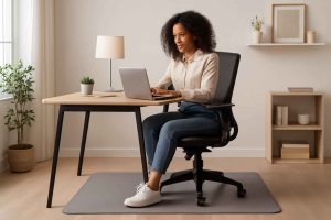 Home office moderno com tapete antiestático sob a mesa e cadeira