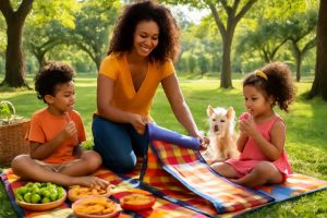 Família desfrutando de um piquenique ao ar livre com tapete dobrável impermeável
