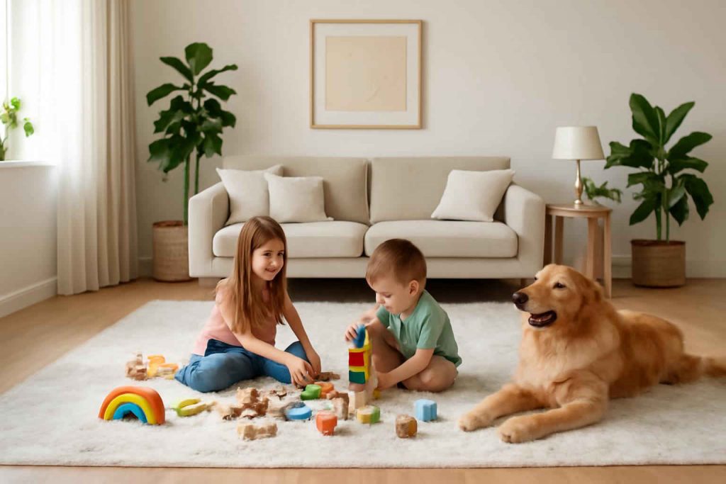 Tapete anti-manchas em sala de estar moderna com crianças e pets