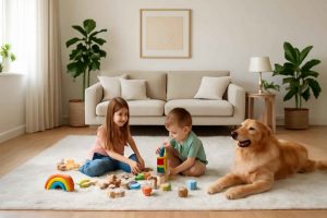 Tapete anti-manchas em sala de estar moderna com crianças e pets