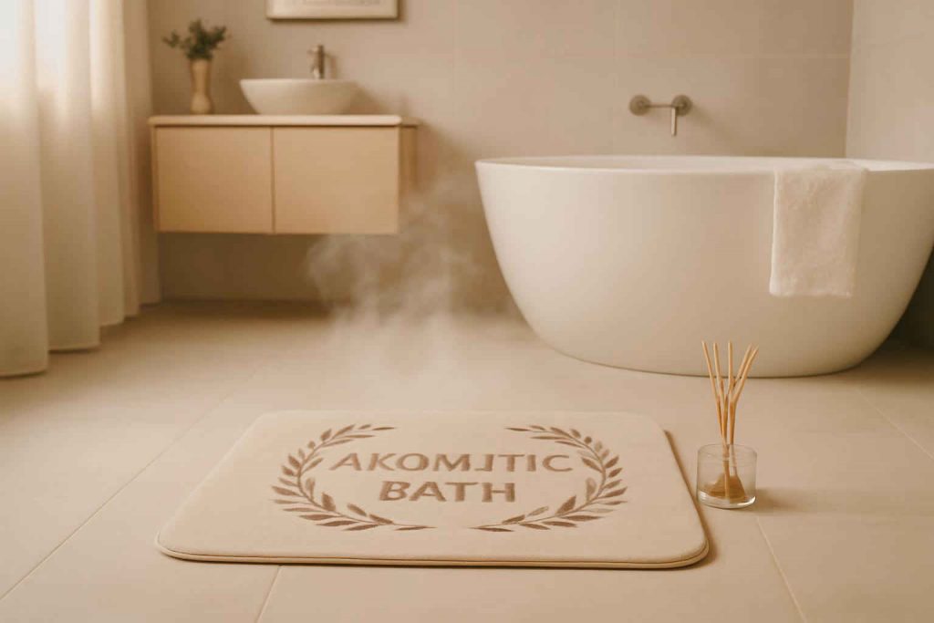 Banheiro moderno com tapete aromatizante no chão