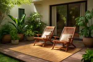 Varanda elegante com tapete de bambu, móveis de madeira e plantas