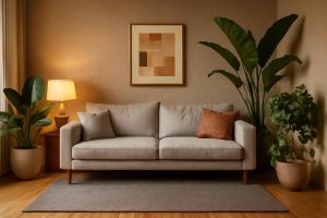 Sala de estar moderna com tapete de feltro cinza e decoração aconchegante