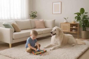 Sala de estar moderna com tapete de microfibra, criança brincando e cachorro ao lado