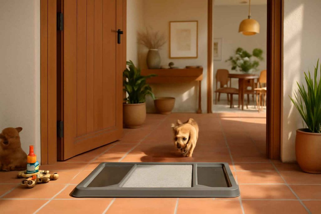 Tapete sanitizante posicionado na entrada de casa, com crianças e pet ao fundo